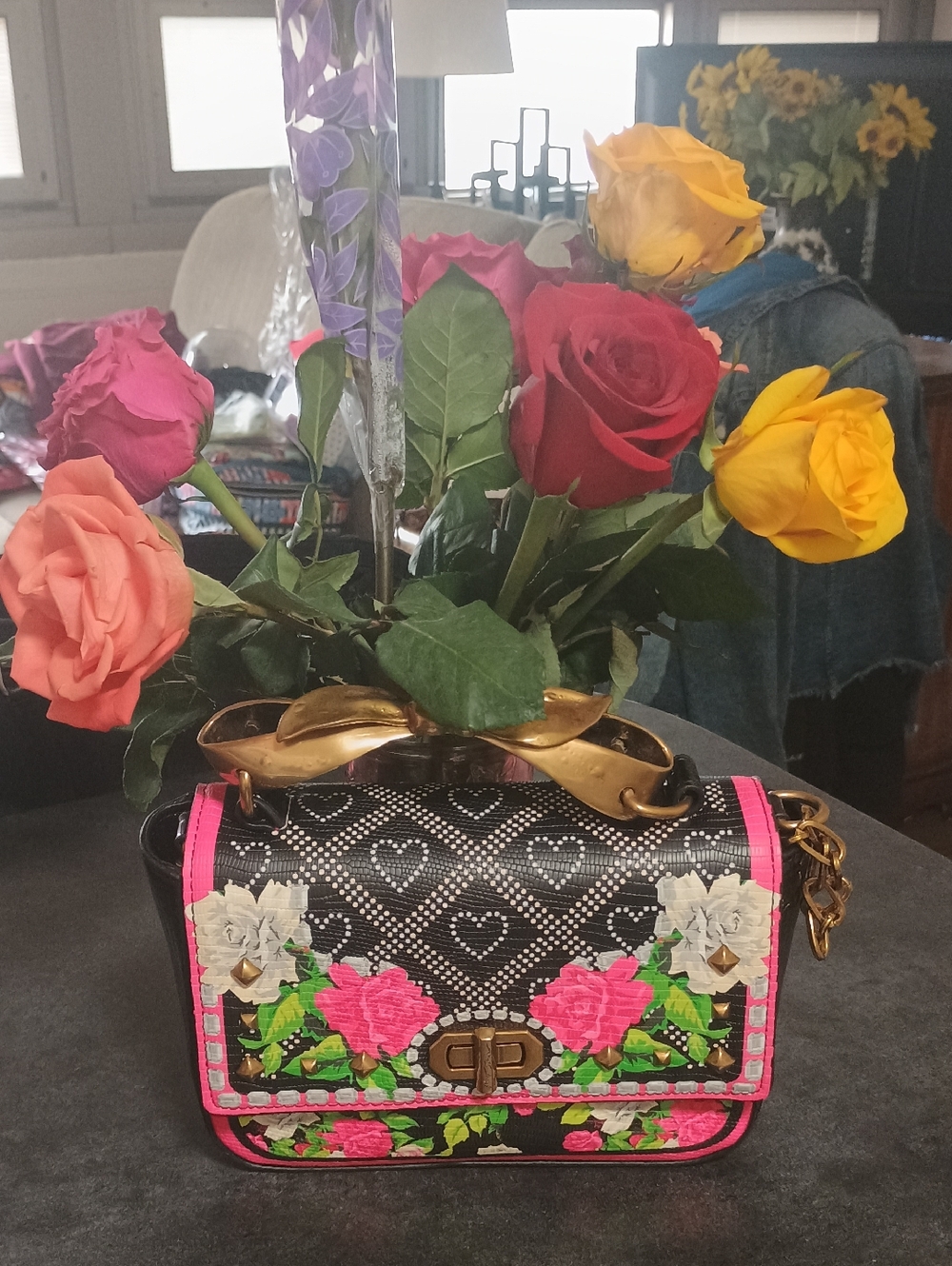Betsey Johnson "Can You Handle It" Floral Studded Top-Handle Crossbody Bag